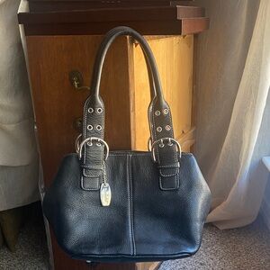 Tignanello Black Pebbled Leather Shoulder Bag with Silver Buckle Accents